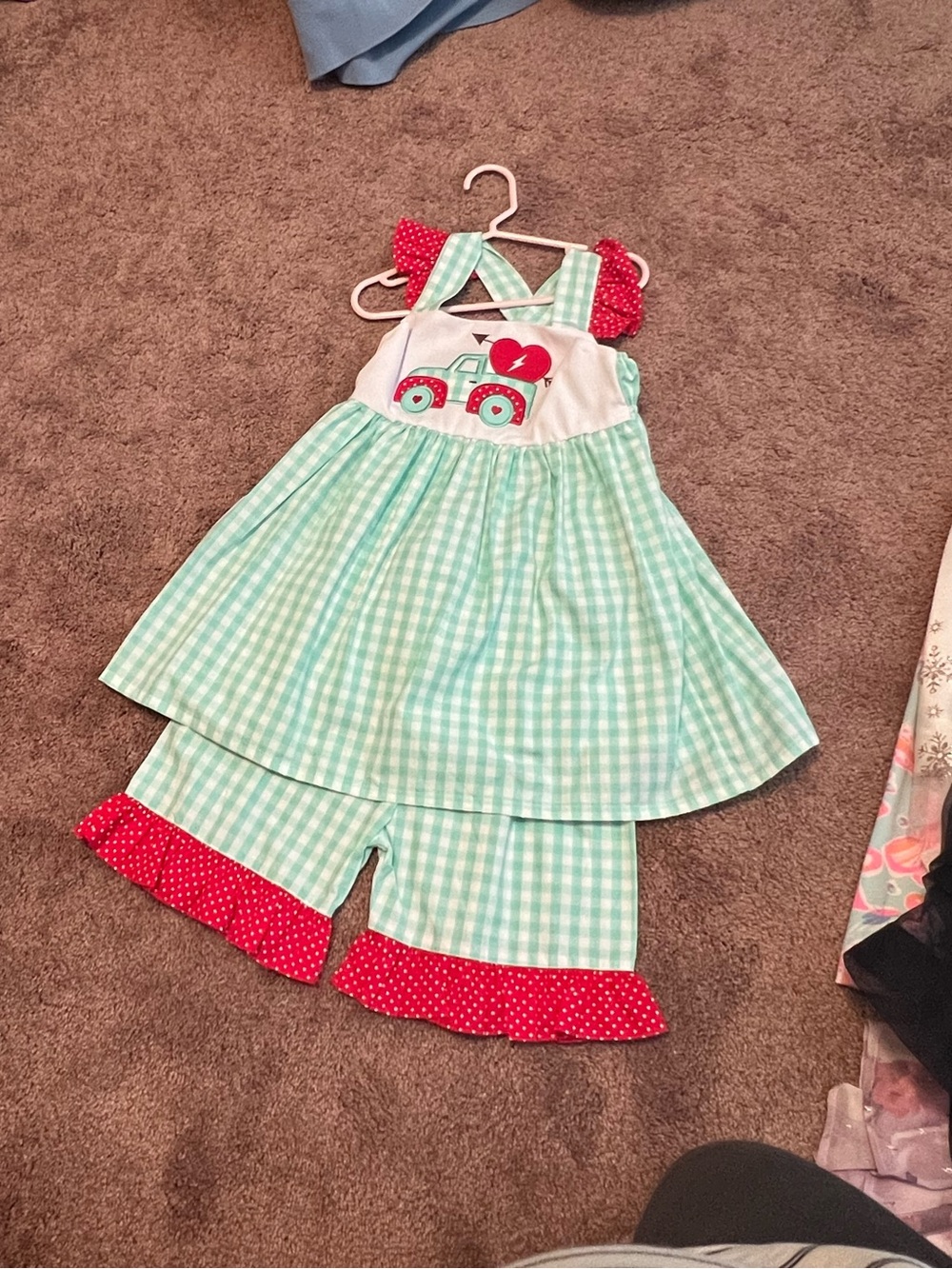 Girls' Mint Gingham Pajama Set with Red Heart Tractor Accent